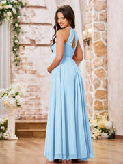 Stunning A-line Halter Empire Floor Length Chiffon Bridesmaid Gowns Sky Blue
