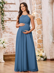 Stunning A-line Halter Empire Floor Length Chiffon Bridesmaid Gowns Slate Blue