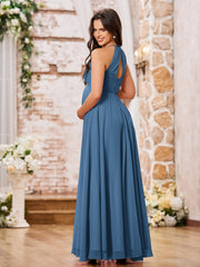 Stunning A-line Halter Empire Floor Length Chiffon Bridesmaid Gowns Slate Blue