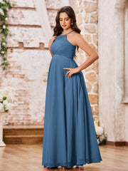 Stunning A-line Halter Empire Floor Length Chiffon Bridesmaid Gowns Slate Blue