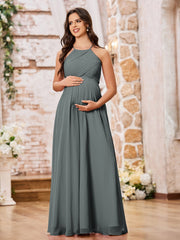 Stunning A-line Halter Empire Floor Length Chiffon Bridesmaid Gowns Steel Grey