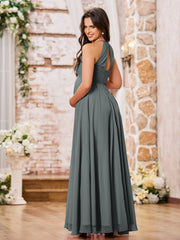 Stunning A-line Halter Empire Floor Length Chiffon Bridesmaid Gowns Steel Grey