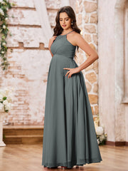 Stunning A-line Halter Empire Floor Length Chiffon Bridesmaid Gowns Steel Grey