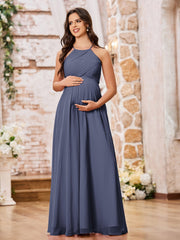 Stunning A-line Halter Empire Floor Length Chiffon Bridesmaid Gowns Stormy