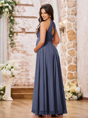 Stunning A-line Halter Empire Floor Length Chiffon Bridesmaid Gowns Stormy