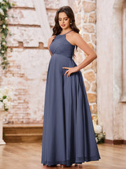 Stunning A-line Halter Empire Floor Length Chiffon Bridesmaid Gowns Stormy
