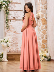 Stunning A-line Halter Empire Floor Length Chiffon Bridesmaid Gowns Sunset