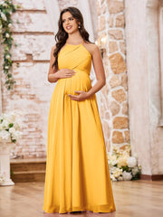 Stunning A-line Halter Empire Floor Length Chiffon Bridesmaid Gowns Tangerine