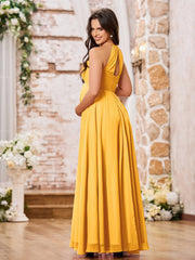 Stunning A-line Halter Empire Floor Length Chiffon Bridesmaid Gowns Tangerine