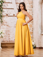 Stunning A-line Halter Empire Floor Length Chiffon Bridesmaid Gowns Tangerine