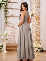 Stunning A-line Halter Empire Floor Length Chiffon Bridesmaid Gowns Taupe