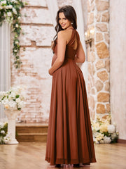 Stunning A-line Halter Empire Floor Length Chiffon Bridesmaid Gowns Terracotta