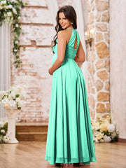 Stunning A-line Halter Empire Floor Length Chiffon Bridesmaid Gowns Turquoise