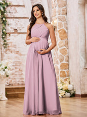 Stunning A-line Halter Empire Floor Length Chiffon Bridesmaid Gowns Vintage Mauve