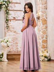 Stunning A-line Halter Empire Floor Length Chiffon Bridesmaid Gowns Vintage Mauve