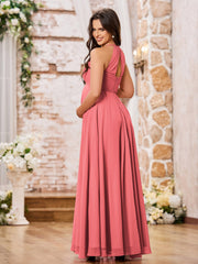 Stunning A-line Halter Empire Floor Length Chiffon Bridesmaid Gowns Watermelon