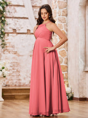 Stunning A-line Halter Empire Floor Length Chiffon Bridesmaid Gowns Watermelon