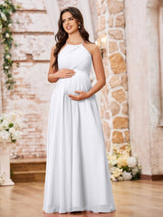 Stunning A-line Halter Empire Floor Length Chiffon Bridesmaid Gowns White