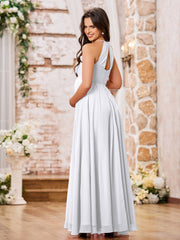 Stunning A-line Halter Empire Floor Length Chiffon Bridesmaid Gowns White