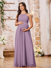 Stunning A-line Halter Empire Floor Length Chiffon Bridesmaid Gowns Wisteria