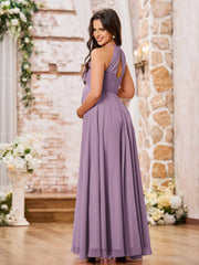 Stunning A-line Halter Empire Floor Length Chiffon Bridesmaid Gowns Wisteria