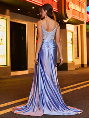 Sexy Diamond Corset Ruched High Slit Maxi Dress Lavender