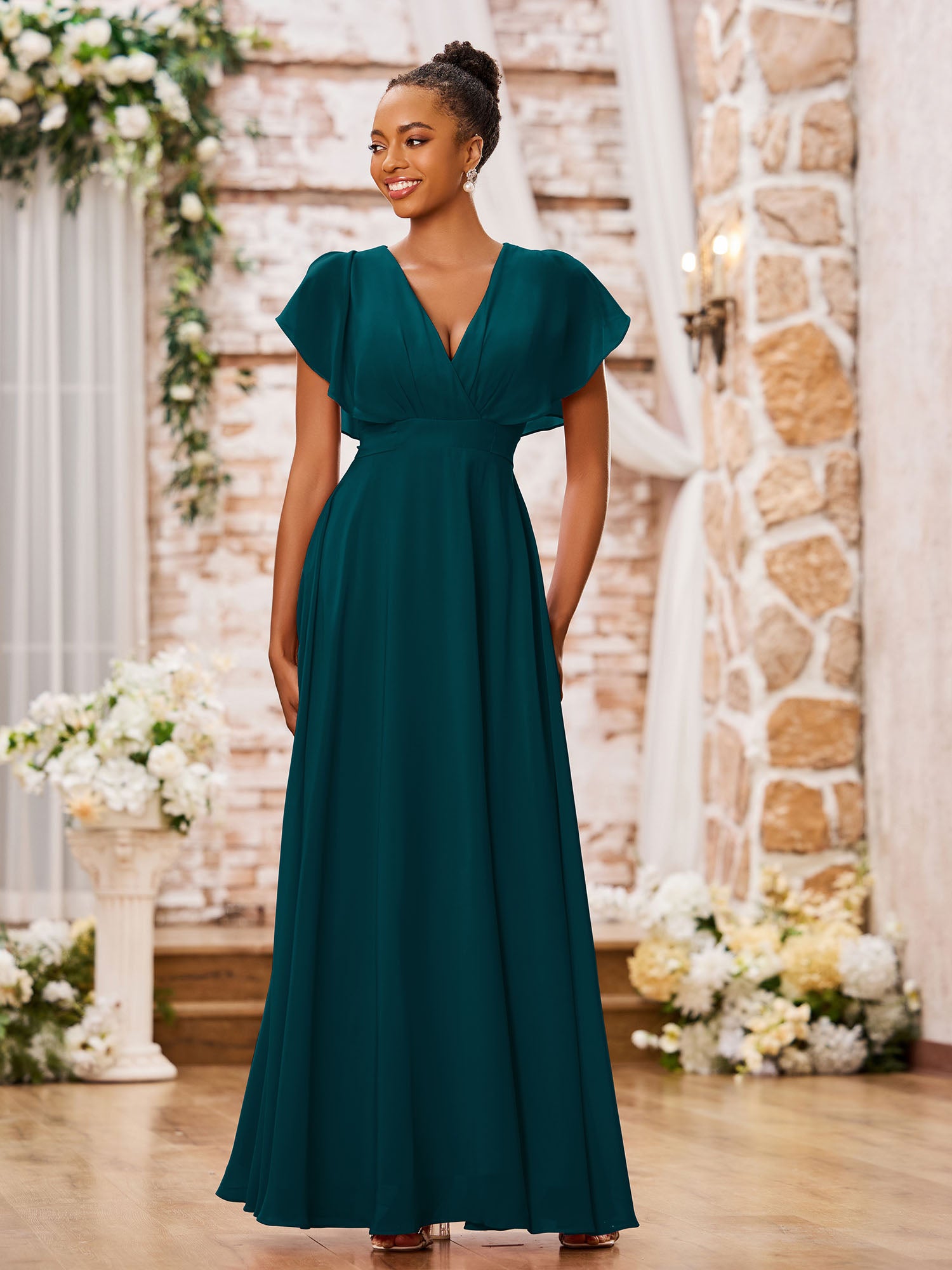 BABARONI Chiffon Pine Bridesmaid Dresses A-line V-neck Floor-length ...