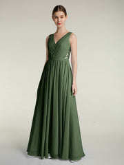 Lace and Chiffon Full Length Dress with V-neck Olive Green