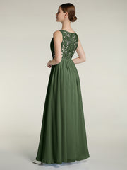 Lace and Chiffon Full Length Dress with V-neck Olive Green