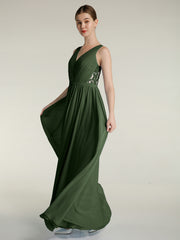 Lace and Chiffon Full Length Dress with V-neck Olive Green