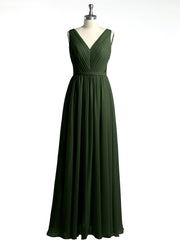 Lace and Chiffon Full Length Dress with V-neck Olive Green