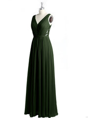 Lace and Chiffon Full Length Dress with V-neck Olive Green