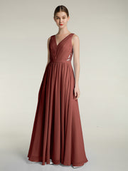 Lace and Chiffon Full Length Dress with V-neck Terracotta