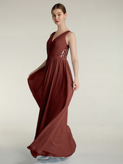 Lace and Chiffon Full Length Dress with V-neck Terracotta