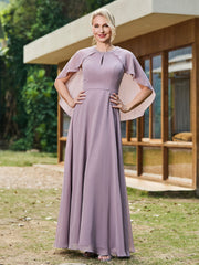 Elegant A-line Chiffon Dress with Diamond Neck Cape Dusk