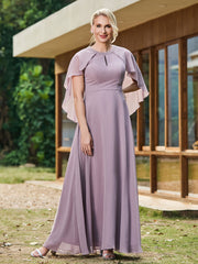 Elegant A-line Chiffon Dress with Diamond Neck Cape Dusk