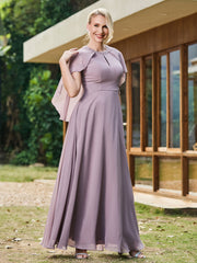 Elegant A-line Chiffon Dress with Diamond Neck Cape Dusk