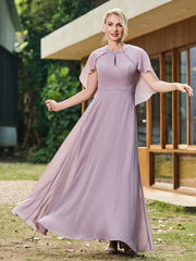 Elegant A-line Chiffon Dress with Diamond Neck Cape Dusk