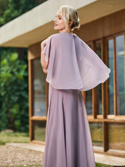 Elegant A-line Chiffon Dress with Diamond Neck Cape Dusk