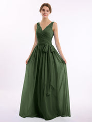 Chiffon Dress with Lace Straps Decor with Sash Bow Olive Green