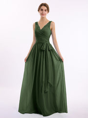 Chiffon Dress with Lace Straps Decor with Sash Bow Olive Green