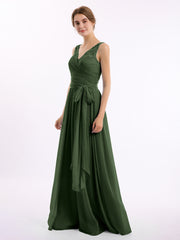 Chiffon Dress with Lace Straps Decor with Sash Bow Olive Green