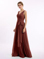 Chiffon Dress with Lace Straps Decor with Sash Bow Terracotta