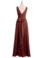 Chiffon Dress with Lace Straps Decor with Sash Bow Terracotta