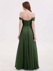 Empire Chiffon Off the shoulder Long Dresses Olive Green