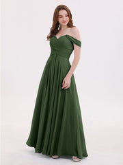 Empire Chiffon Off the shoulder Long Dresses Olive Green