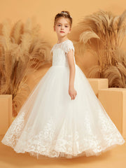 Embroidered Applique Illusion Neckline Flower Girl Dress