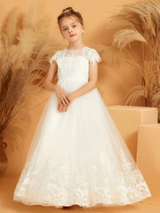 Embroidered Applique Illusion Neckline Flower Girl Dress