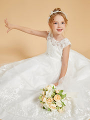 Lace Tulle Floor-Length Flower Girl Dress with Princess Embroidery