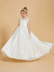 Lace Tulle Floor-Length Flower Girl Dress with Princess Embroidery
